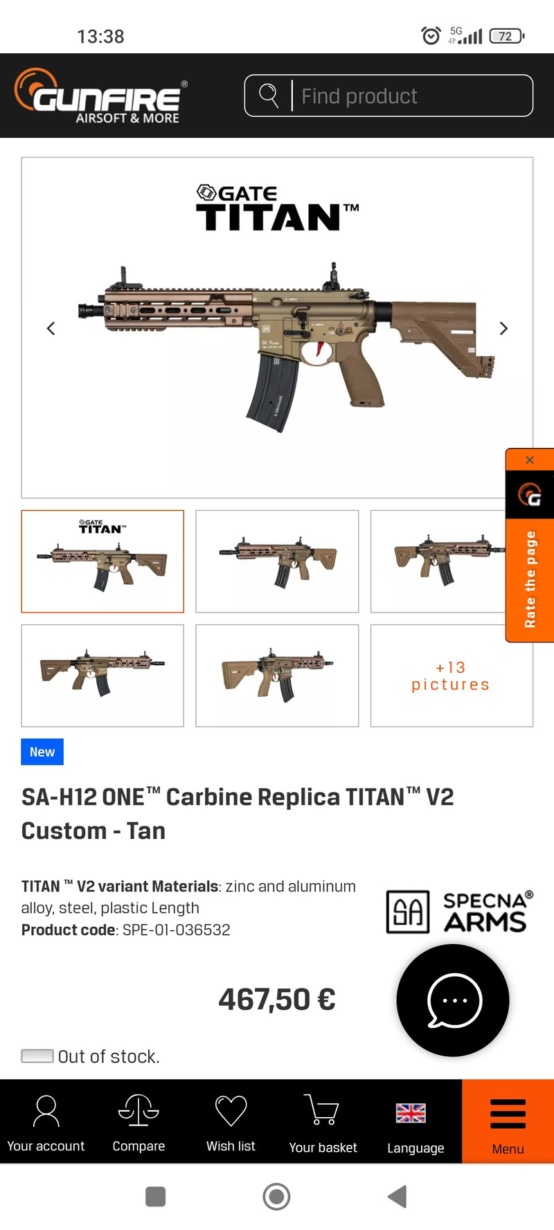 Bild 1 für SA-H12 ONE Carbine Replica TITAN V2 Custom - Tan