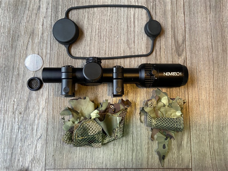 Image 1 for Novritsch LPVO 1-4x variable Scope with picatinny Mounts, Camo Cover, Killflash and optional back Polycarbonate protector