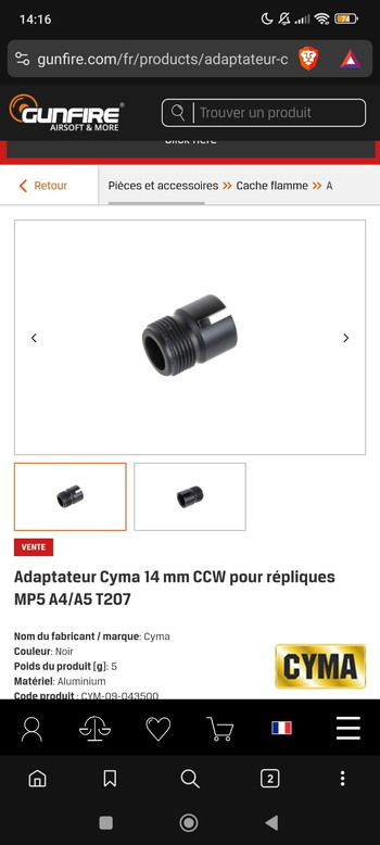 Imagen 4 de Adaptateur Cyma 14 mm CCW pour répliques MP5 A4/A5 T207