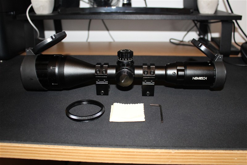 Image 1 for Novritsch Rifle Scope Set 3x-9x 50mm sniper scope met Killflash + 2x mount rings + 2x flip-up covers + 2mm polycarbonaat bescherming achteraan