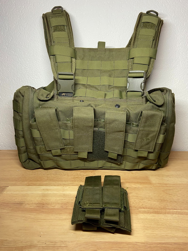 Image 1 for Tasmanian Tiger MKII Chestrig OD + Condor double pistol pouch.