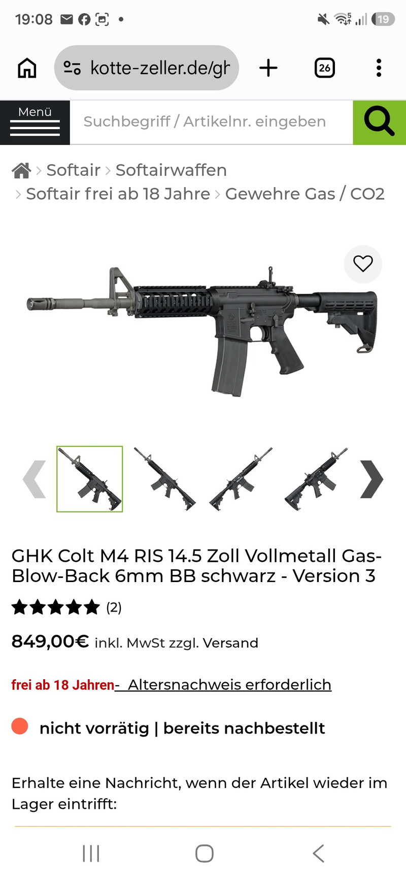 Image 1 for GHK Colt M4 RIS 14.5 Zoll Vollmetall Gas-Blow-Back 6mm BB schwarz - Version 3