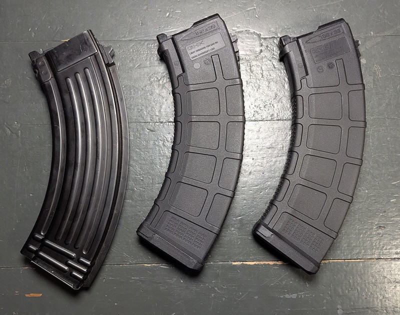 Image 1 for 3 GHK AK V2 GBB gas magazines: 2x Magpul PMAG style, 1x oldschool steel