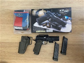 Afbeelding van (Leuven, BE) Full ML upgraded KJW KP-05 gbb hi-capa (gas+C02) pistol met 3x TM 31rds gas mags & lefty holster
