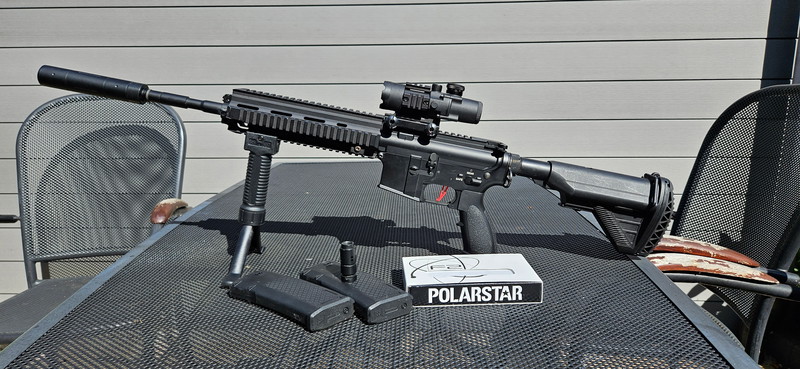 Image 1 for Specna Arms SA-H21 met Polarstar F2 Fusion HPA engine + Aim-O 4x32IR Tactical Scope + Bipod stand + Sling + Silencer + 2 mags