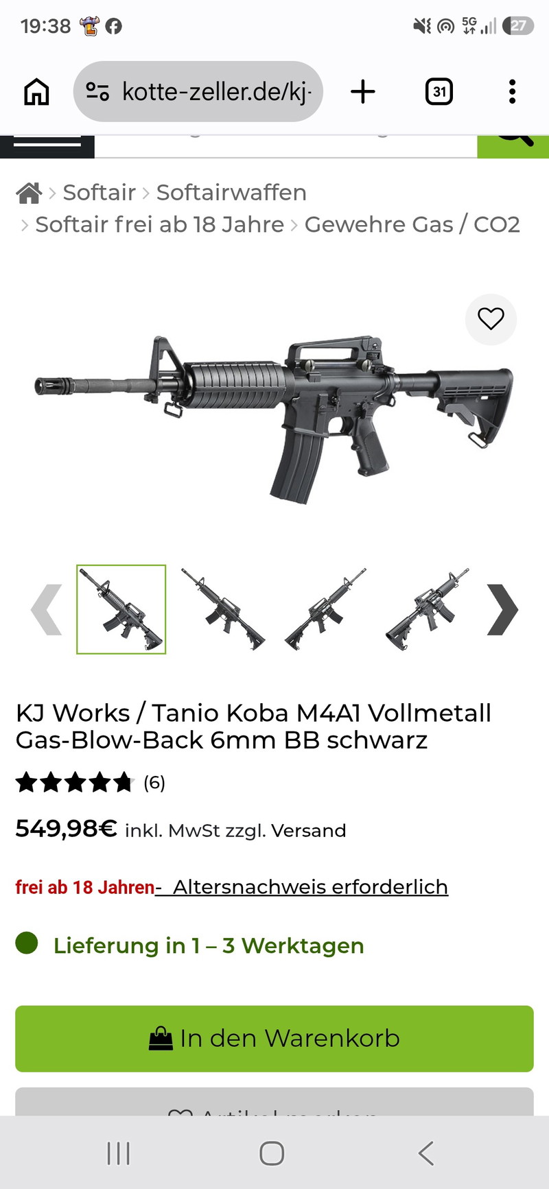 Afbeelding 1 van KJ Works / Tanio Koba M4A1 Vollmetall Gas-Blow-Back 6mm BB schwarz