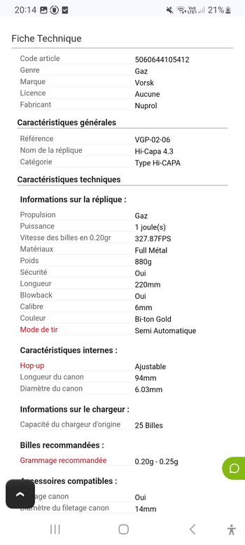 Imagen 4 de Pistolet Hi-Capa 4.3 Gaz GBB Full Metal Vorsk - Noir & Gold