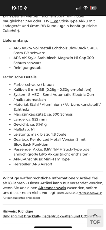 Imagen 4 de APS AK-74 Vollmetall Echtholz BlowBack S-AEG 6mm BB schwarz + 2 Lipos, Mundschutz und Tragegurt